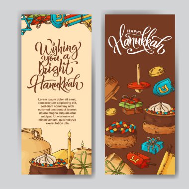 Mutlu Hanuka poster yazı ile. Elle çizilmiş öğeleri kroki tarzı. Tasarımınız için hat alıntı. Vektör çizim