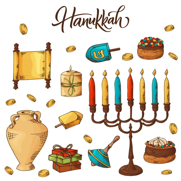 Hand dras traditionella Chanukah symboler i skiss stil. Judiska högtiden Hanukkah gratulationskort. Vector illustartion — Stock vektor