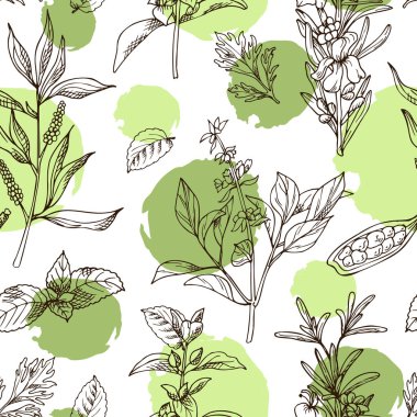 El otlar ve baharatlar çekilmiş. Eskiz unsurları ile dekoratif arka plan. Vektör çizim