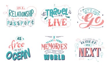 Seyahatle ilgili el yazısı alıntılar. Harf elementli motivasyon posterleri. Kart ya da baskı için hat grafik tasarımı. Macera tebrik kartı. Vektör illüstrasyonu