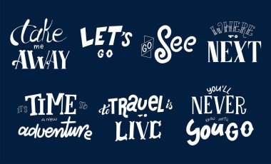 Seyahatle ilgili el yazısıyla yazılmış bir slogan. Baskı için Macera tebrik kartları seti. El yazısıyla yazılmış bir mektup. Komik karalama elementleriyle tipografi afişi. Vektör çizimi