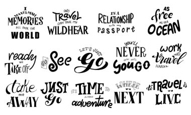 Seyahatle ilgili el yazısıyla yazılmış bir slogan. Baskı için Macera tebrik kartları seti. El yazısıyla yazılmış bir mektup. Komik karalama elementleriyle tipografi afişi. Vektör çizimi