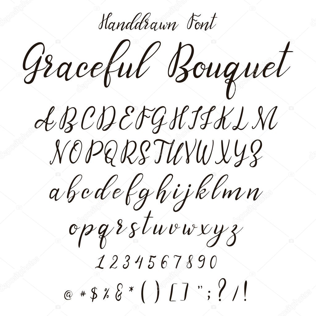 Handdrawn calligraphic font. Italic dynamic display alphabet. Modern typography. Lettering character set. Vector illustration