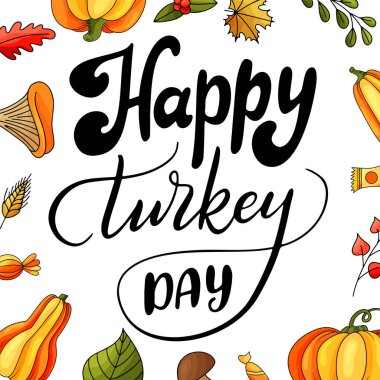 Elle çizilmiş elementlerle dolu Şükran Günü posteri. Mutlu tatil mektupları alıntısı. Kaligrafik tasarım. Vektör illüstrasyonu