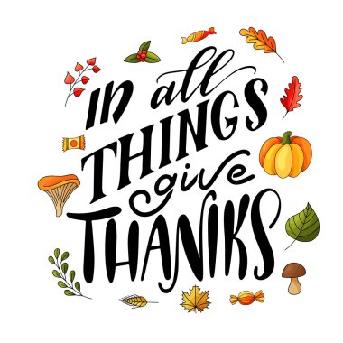 Tatil için sonbahar tasarımı. Şükran Günü tebrik mesajı. Poster, kart ve afiş için el çizimi harfler. Kabakları, yaprakları, mantarları şekillendiren vektör çizimi