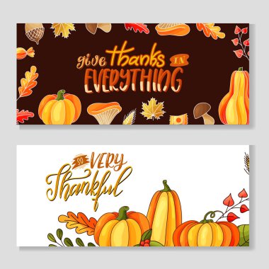 Şükran Günü için tebrik kartları. Elle çizilmiş sezonluk harfler. Vektör illüstrasyonu