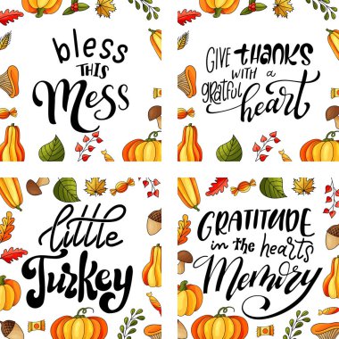 Şükran Günü için tebrik kartları. Elle çizilmiş sezonluk harfler. Vektör illüstrasyonu