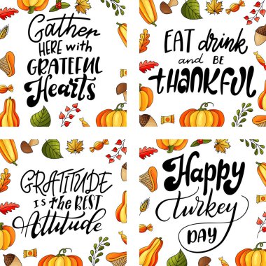 Şükran Günü için tebrik kartları. Elle çizilmiş sezonluk harfler. Vektör illüstrasyonu