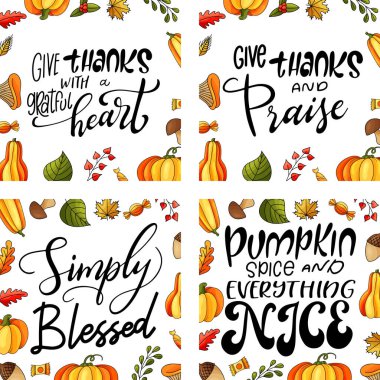 Şükran Günü için tebrik kartları. Elle çizilmiş sezonluk harfler. Vektör illüstrasyonu