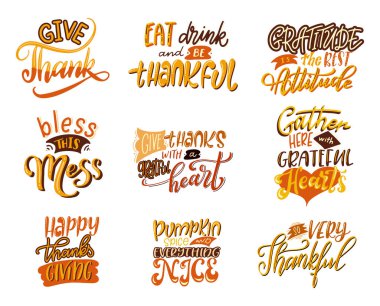 Tatil için Şükran Günü mektuplarınız kutlu olsun. Tasarım koleksiyonu. Kağıtlar, afişler, posterler için kaligrafik alıntılar. Vektör illüstrasyonu