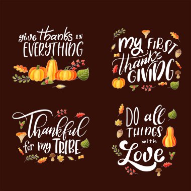 Tatil için Şükran Günü mektuplarınız kutlu olsun. Tasarım koleksiyonu. Kağıtlar, afişler, posterler için kaligrafik alıntılar. Vektör illüstrasyonu