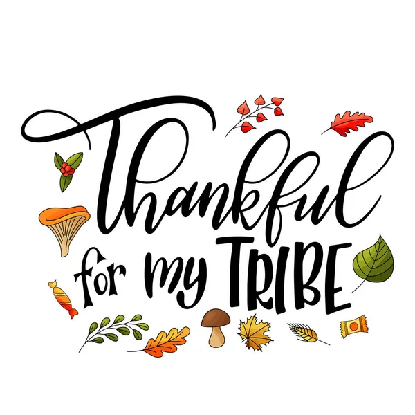 Autumn design for holiday. Thanksgiving Day congratulation text. Hand drawn lettering design for poster, card, banner. Vector illustration withstylizes pumpkins, leaves, mushrooms