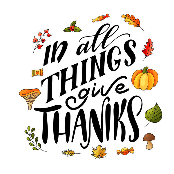 Осенний дизайн для отдыха. Текст поздравления на День Благодарения. Ручной рисунок надписей для плаката, открытки, баннера. Векторная иллюстрация стилизует тыквы, листья, грибы
