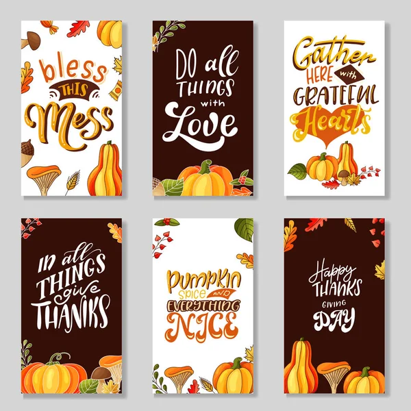 Σετ ευχετήριες κάρτες για την Ημέρα των Ευχαριστιών. Εποχιακά γράμματα με χειρόγραφη φράση. Εικονογράφηση διανύσματος — Διανυσματικό Αρχείο