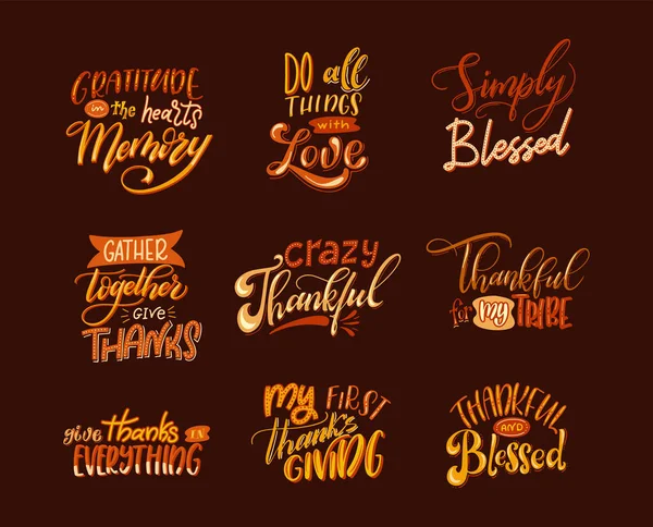 Feliz Dia de Ação de Graças lettering para férias. Coleção de design. Conjunto de citações caligráficas para cartões, banners, cartazes. Ilustração vetorial — Vetor de Stock