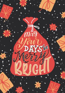 Mutlu bayramlar tebrik kartı. Noel arkaplanı el yazısı. Dekoratif tasarım elementleriyle fırça kaligrafisi. Vektör illüstrasyonu