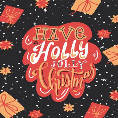 Mutlu bayramlar tebrik kartı. Noel arkaplanı el yazısı. Dekoratif tasarım elementleriyle fırça kaligrafisi. Vektör illüstrasyonu