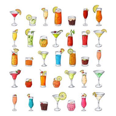 Elle çizilmiş eskiz tarzında farklı bardakta kokteyl içecekler. Alkolik içecekler kadehlerle klasik çizim vektörü illüstrasyonunda