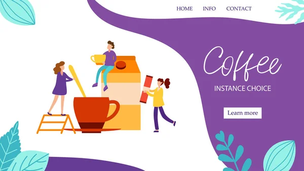 Concepto de landing page con personajes hacen café de la mañana con leche para el buen humor en estilo plano. Despierta ilustración vectorial con gente diminuta para banner web — Vector de stock