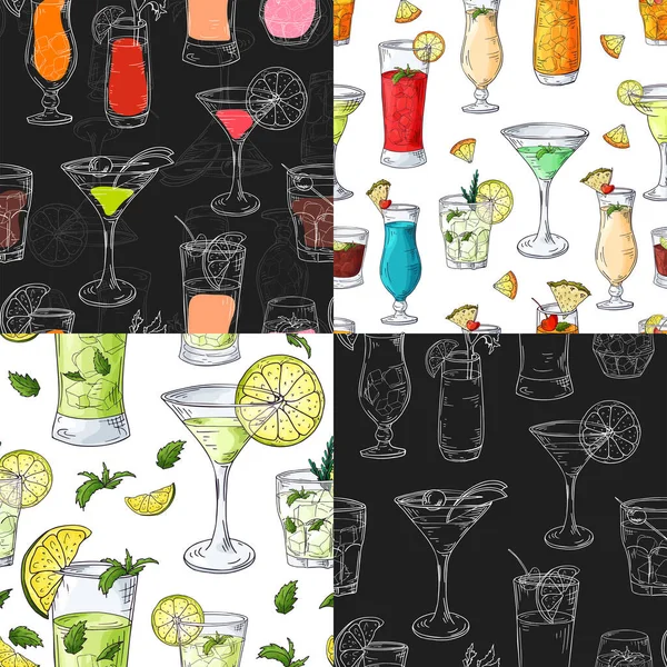 Set cocktails naadloze patronen met handgetekende elementen in schetsstijl. Alcoholische dranken in verschillende glazen in kleur. Vectorillustratie — Stockvector