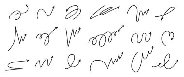 Zıpla, kıvrımlı, sarmal ve kıvrımlı ok çizgileri. Oyuncu el çizimi elementler. Spor için top hareketli yolları da içeriyor. Vektör çizimi izole edildi.