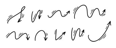 Hareket zıplayan ok seti, el çizimi çizgi dizaynı spirali. Etkileyici atlama etkisi. Spor için top hareketli yolları da içeriyor. Vektör çizimi izole edildi.