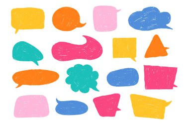 Oyuncu pastel boya konuşma diyaloğu metin çerçeveleri. El çizimi karton kutu baloncukları. Soyut sohbet etiketleri ve kalem bulutları. Vektör illüstrasyonu.