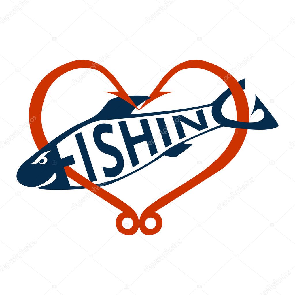 Fishing logo, emblem isolated on white background. Fish hooks in heart shape. Lettering fishing shaped like a fish. Design element. Vector illustration