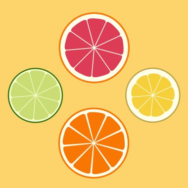 Citrus logosu, simge, amblem. Limon, limon, portakal, greyfurt. Farklı meyvelerden sulu dilimler. Düz Tasarım Vektör İllüstrasyonu