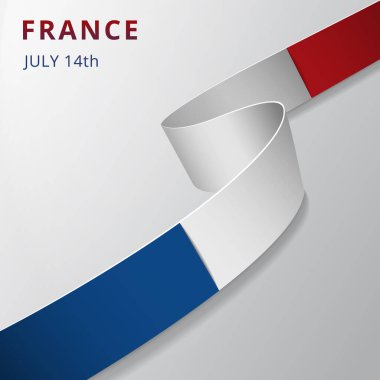 Fransa bayrağı. 14 Temmuz 'da. Bastille Günü. Vektör çizimi. Gri arka planda dalgalı kurdele. Bağımsızlık Günü. Ulusal sembol. Grafik tasarım şablonu.