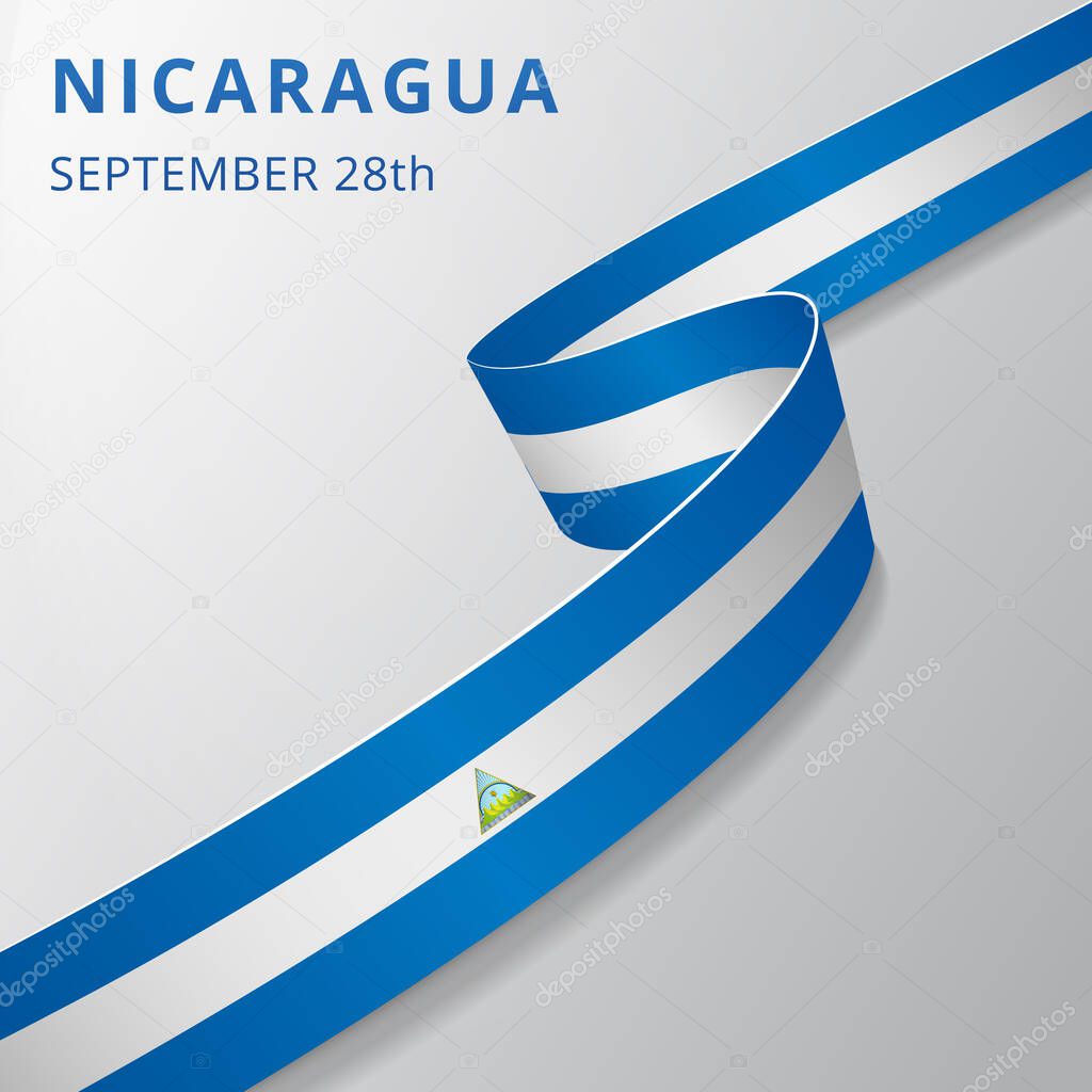 Flag of Nicaragua. 28th of September. Vector illustration. Wavy ribbon on gray background. Independence day. National symbol.