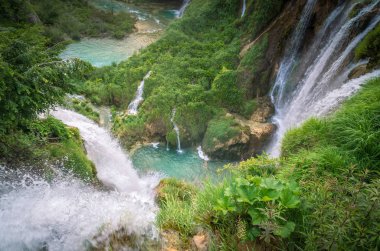 Plitvice Milli Parkı, Hırvatistan. Ahşap tahta yol yeşil orman ve su üzerinde