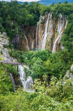 Plitvice Milli Parkı, Hırvatistan. Ahşap tahta yol yeşil orman ve su üzerinde