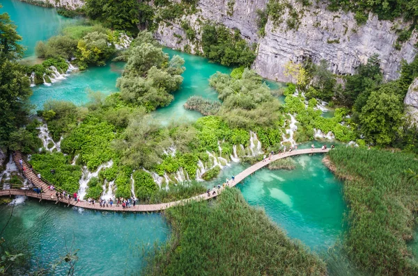 Parque Nacional Plitvice Croacia Ruta Tablones Madera Través Del Bosque —  Fotos de Stock