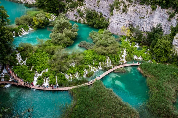 Parque Nacional Plitvice Croacia Ruta Tablones Madera Través Del Bosque —  Fotos de Stock