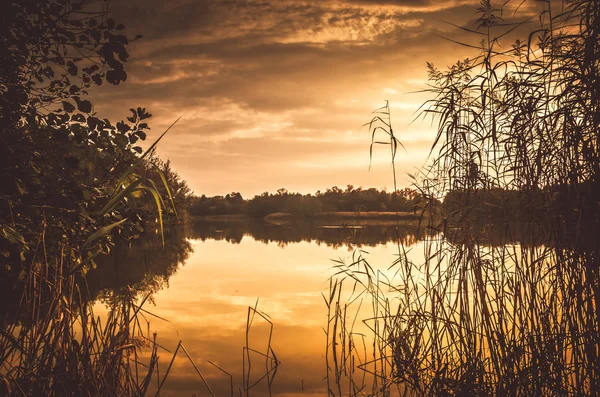 Puesta Sol Sobre Delta Del Río Otoño Paisaje Nocturno Otoño —  Fotos de Stock