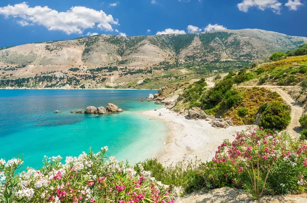 ビーチ ケファロニア島 ギリシャ ビーチでリラックスしている人 ビーチは花に囲まれています — ストック写真