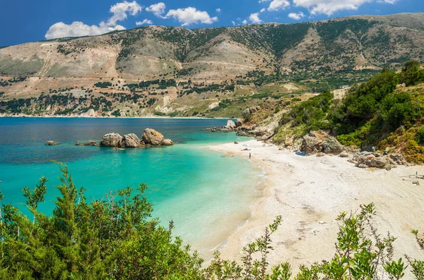 Vouti Sahili Kefalonia Adası Yunanistan Nsanlar Plajda Dinleniyor Kumsal Çiçeklerle — Stok fotoğraf