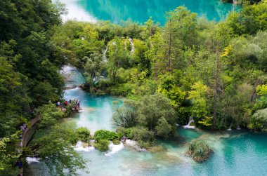 Plitvice Milli Parkı, Hırvatistan, Avrupa. Göl ve orman tarafından çevrili şelaleler üzerinde şaşırtıcı görünümü.