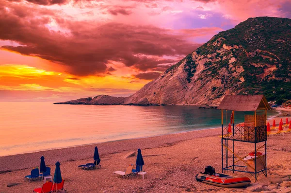 Solnedgång Över Petani Beach Kefalonia Island Grekland Utsikt Över Petani — Stockfoto