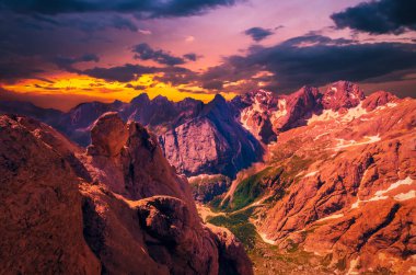 Stunning sunset over Marmolada massif, Dolomiti, Itay