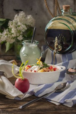 Okroshka - geleneksel Rus soğuk yaz çorba, sebze, et ve otlar, giyinmiş ekmek Kvas ve kefir, eski ahşap arka plan, seçici odak ile