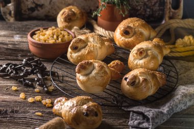Paskalya kuş börek ekmek. Pişirme geleneksel Rus bahar. Kuş yuvada.