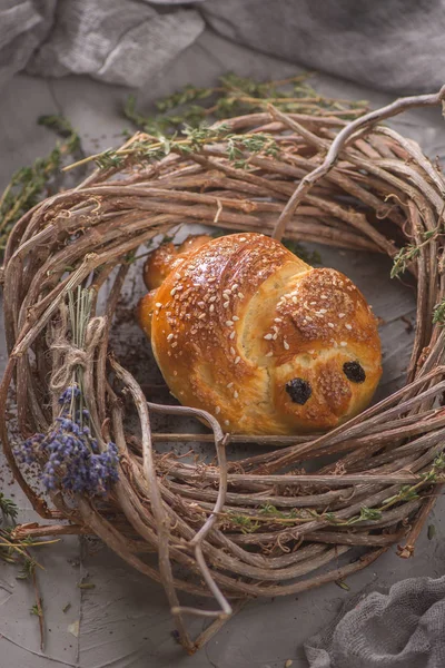 Pain Brioché Oiseau Pâques Cuisine Traditionnelle Printemps Russe Oiseau Dans — Photo