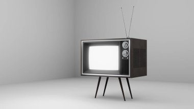 İzole edilmiş eski tarz antika bir televizyonun beyaz bir arka plana karşı 3 boyutlu görüntüsü. Bu televizyonlar 1970 ve 1980 'lerde kullanıldı.