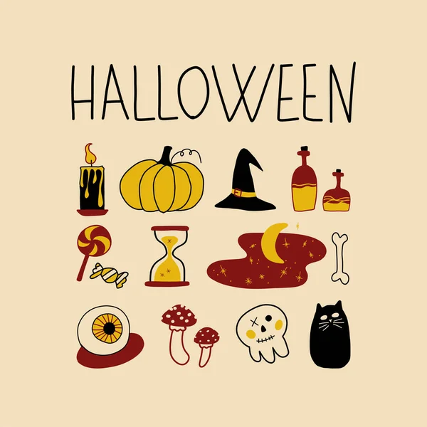Set di icone di Halloween. Scarabocchio magico e testo. Illustrazione vettoriale disegnata a mano con zucca, oggetti magici, dolci, gatto nero. — Vettoriale Stock