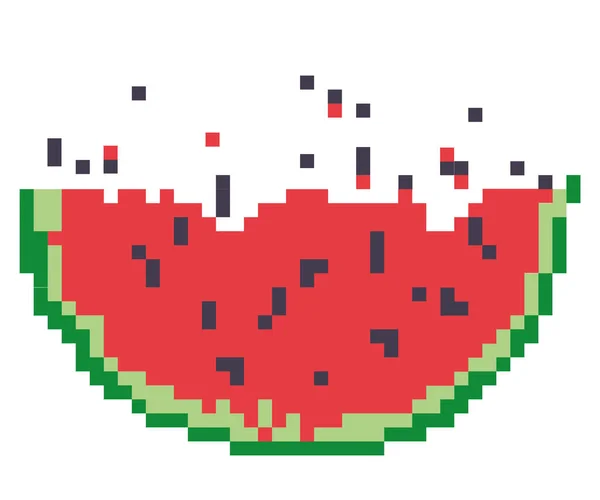 Een stuk watermeloen van pixels. Een computer spel object. — Stockvector