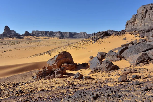 Saharawoestijn Algië Rockformaties Zandkleppen Woestijnachtige Landerijen Safari Toezicht Algerië — Stockfoto