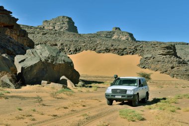 ALGERYA 'DA SAHARA DERİSİ TADRART Ulusal Parkı. Kum Bataklıkları Yerleşkesi ve Kayalık oluşumları