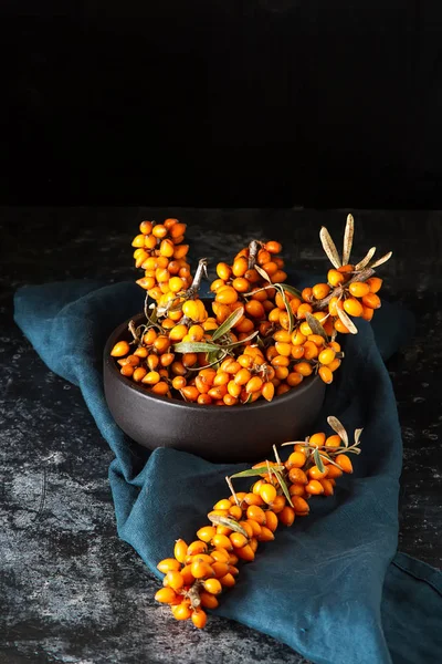 Ripe Orange Berry Sea Buckthorn Vitamins Dark Background — Stock Photo, Image